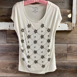Coral Bay Ladies Embellished Short Sleeve Top, Size Medium, White with Silver